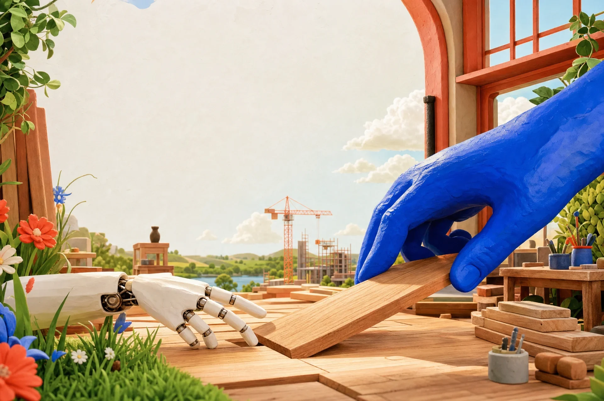 A blue human hand and an ivory robot hand placing a wooden plank together in a handcrafted clay world